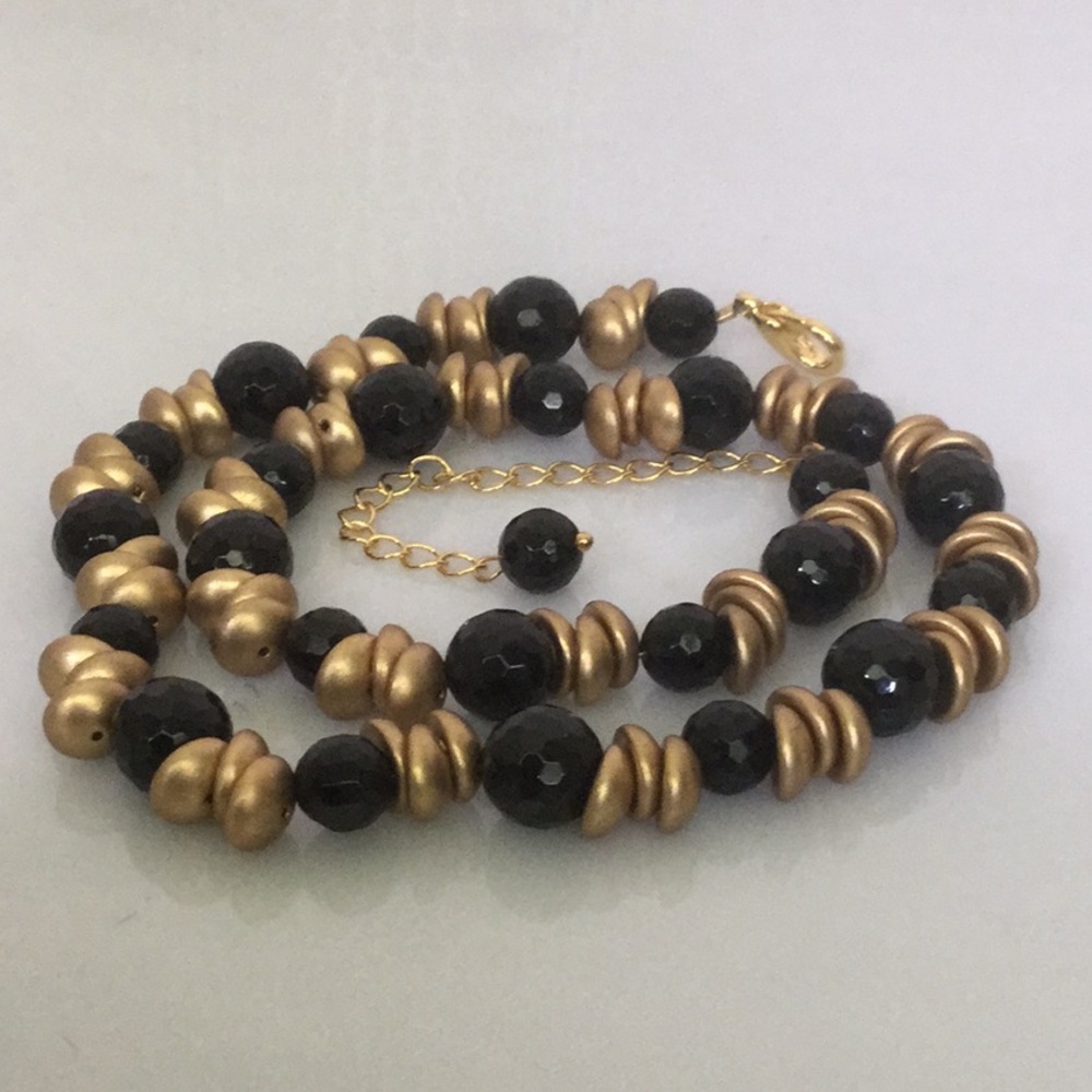 Vtg16”W/3”ExtNecklaceW/Round Faceted Onyx&CzechBds - Picture 3 of 6